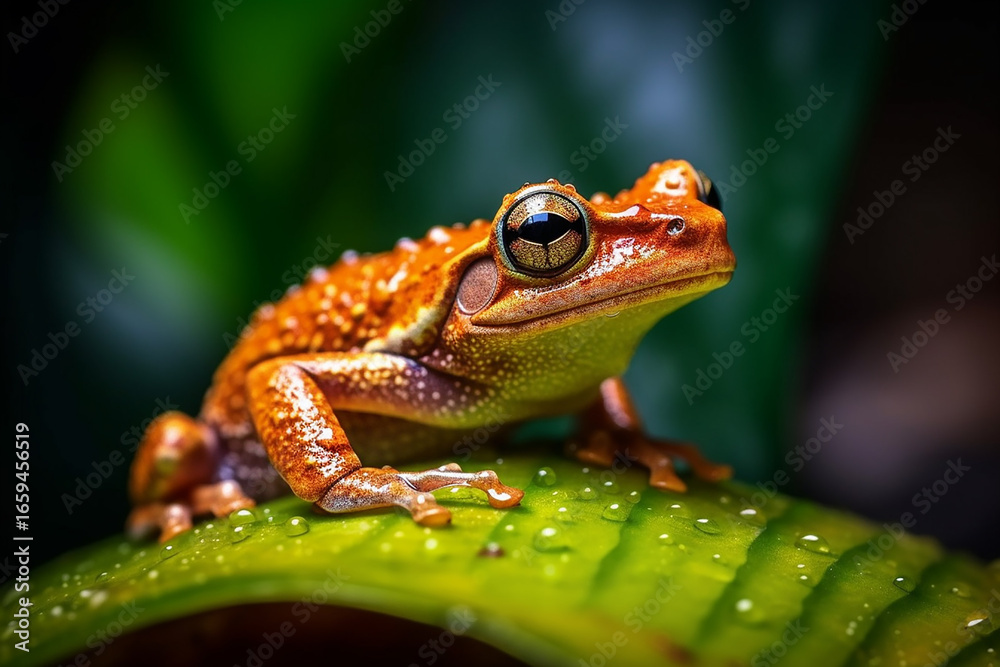 Obraz premium A green frog sits on a green leaf with raindrops.Generative AI