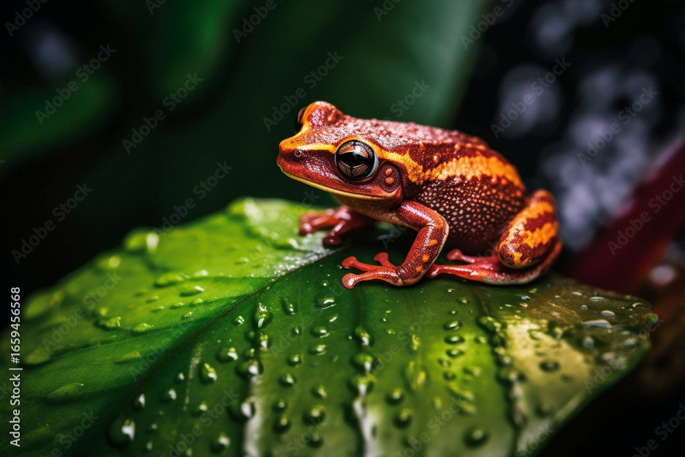 Obraz premium Orange frog sits on a green leaf with raindrops.Generative AI