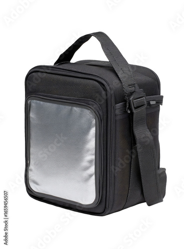 Black square insulated bag with shoulder strap