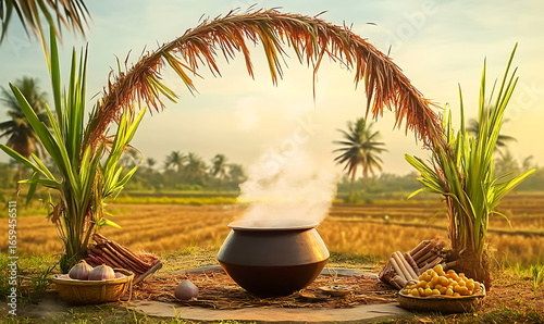 Traditional Outdoor Pongal Celebration in a Serene Paddy Field
