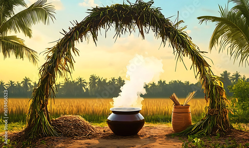 Traditional Outdoor Pongal Celebration in a Serene Paddy Field
