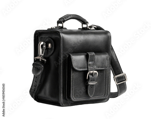 Black leather messenger bag, boxy shape, with a small pocket