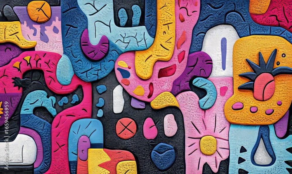 Obraz premium Vibrant seamless pattern of layered graffiti art on a concrete wall, showcasing a myriad of colors, shapes, and styles that embody urban street culture, Generative AI