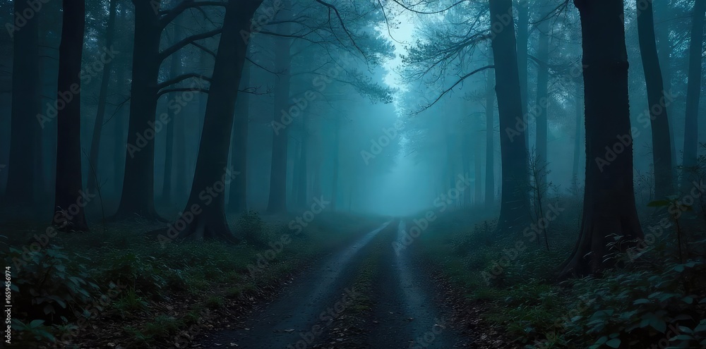 Fototapeta premium Eerie, misty path winding through a dark forest, disappearing into the fog A sense of mystery and the unknown pervades the scene Ideal for Halloween, fantasy, or horror themes , vibe, mist