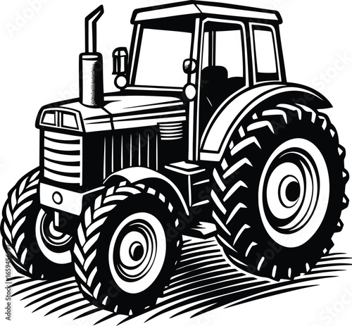 Tractor Illustration Classic Farm Vehicle in Black and White for Agricultural Themes