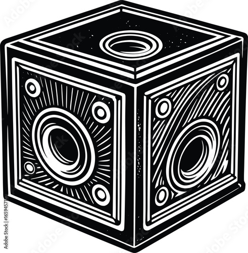 Unique Illustration of a Detailed Cubic Speaker Design with Ornate Elements and Artistic Woodcut Style