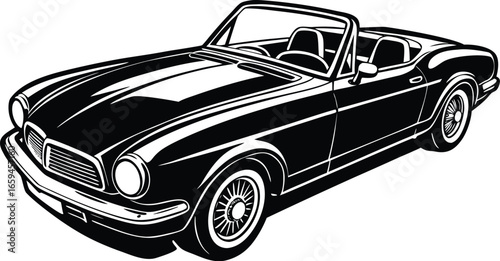 Detailed black and white vector line art of a classic convertible car. Timeless illustration of a vintage two-door retro automobile isolated on white