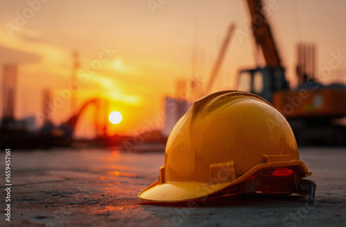 Safety helmet lying on construction site ground at sunrise, symbol of industrial work, engineering, labor protection, building process, and job safety