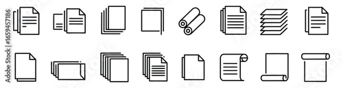 Vector art of collection of document and paper icons, representing various types of files, sheets, and forms for different applications and purposes