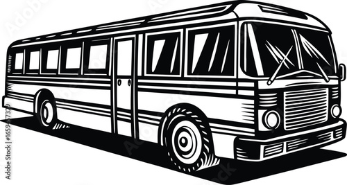 Black and White Illustration of a Bus with Detailed Features and Shading