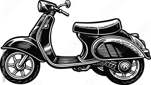 Classic two-wheeled motor scooter with a retro design, perfect for urban exploration and vintage transportation themes, depicted in a monochrome detailed illustration