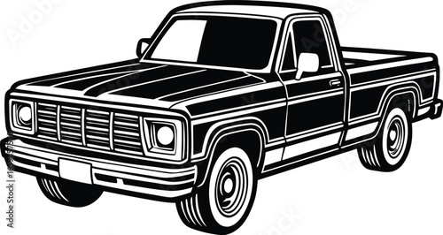 Vintage American pickup truck vector illustration. A classic black and white retro vehicle graphic isolated on a white background for design