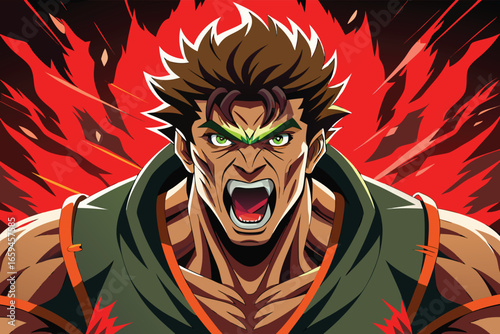 A close-up, stylized illustration of a muscular anime character with a determined expression.