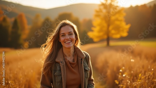 A woman with a warm smile strolls through a golden autumn field, bathed in the soft sunlight of a beautiful fall day.