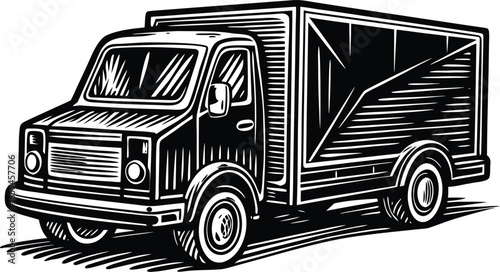 Vintage delivery truck illustration in a classic woodcut style, isolated on a white background for commercial transport concepts