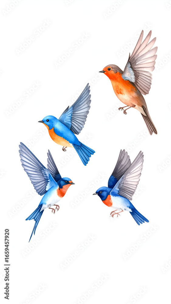 Obraz premium Four birds in flight with white background.