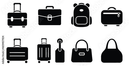 Vector art of comprehensive collection of travel bags and luggage, including suitcases, briefcases, backpacks, and handbags for various travel purposes
