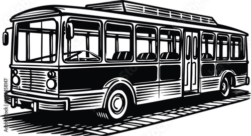 Vintage Public Transit A Detailed Black and White Illustration of a Classic City Bus in Motion on a Road, Ideal for Transportation and Historical Projects