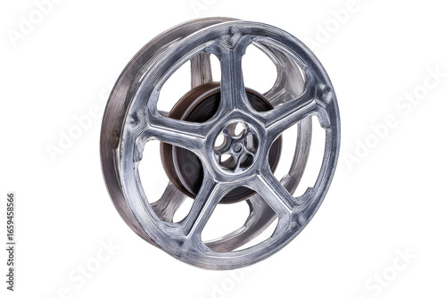 Vintage film reel, metallic, circular, detailed, showing spools