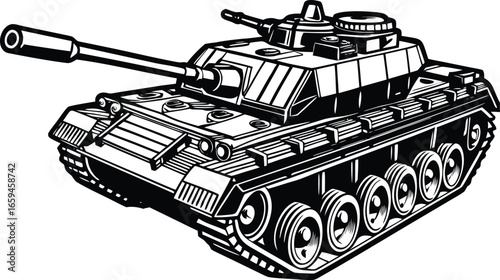 Detailed monochrome vector artwork depicting a formidable armored combat vehicle, designed for military defense and offensive operations on various terrains