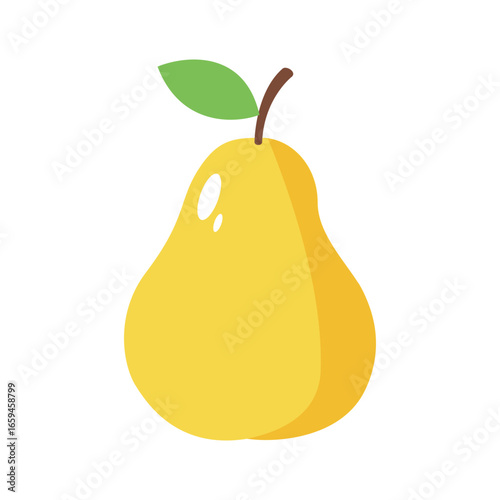 A single, ripe yellow pear with a green leaf, depicted in a simple, cartoonish style against a white background.