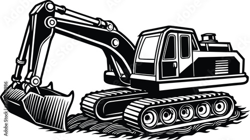 Powerful Excavator Illustration Black and White Vector Graphic