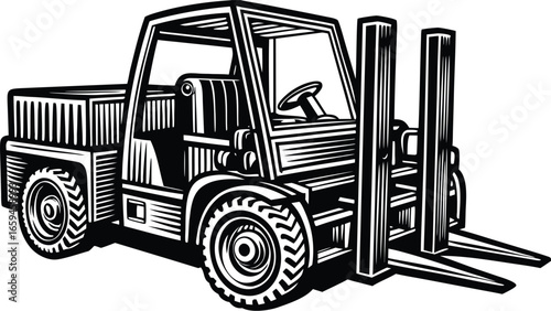 Vintage forklift truck illustration in a retro woodcut style. Isolated industrial vehicle vector for warehouse and logistics.