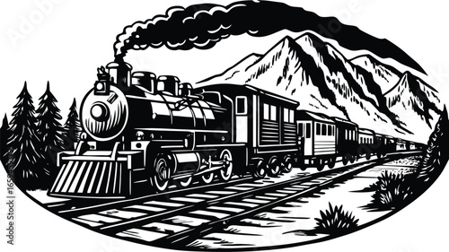 Scenic Train Journey Vintage Locomotive on Mountain Rails in Black and White Illustration