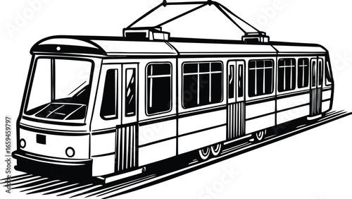 Black and White Illustration of a Classic European Tram on Tracks