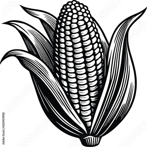 Detailed vintage monochrome illustration of a single ear of corn, complete with husks, embodying traditional agriculture and natural harvest bounty.