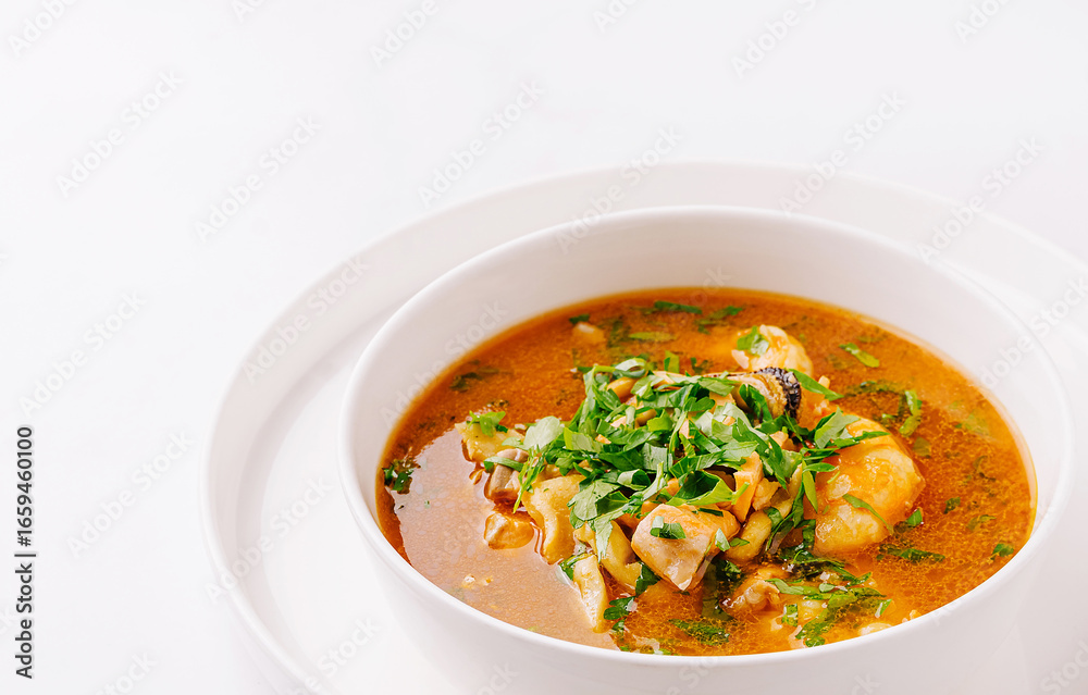 Delicious seafood soup with fresh herbs served in a white bowl Delicious seafood soup with fresh herbs served in a white bowl
