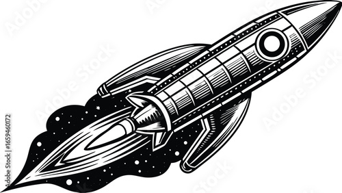 A vintage-style illustration of a powerful rocket blasting off into space with fiery exhaust, symbolizing adventure and exploration