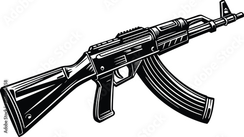 Detailed Black and White Illustration of an AK-47 Assault Rifle, Perfect for Graphics, Design, and Educational Purposes.