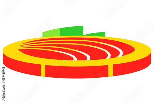 Colorful stadium with running tracks and green stands