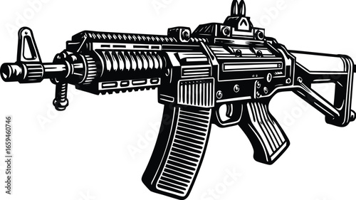 A black and white illustration of a light machine gun, showcasing intricate details of its design and components.