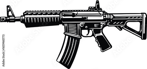 Detailed Black and White Illustration of a Modern Military Carbine Rifle with Magazine and Sights
