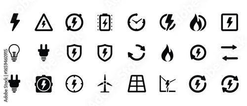 Vector art of collection of energy and power icons, , representing various sources of electricity, renewable energy, and electrical components in a simple style
