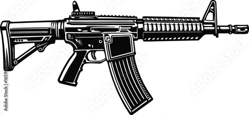 Monochrome vector illustration of a modern tactical assault rifle. Detailed combat automatic carbine with stock, magazine, and sights for military concepts.