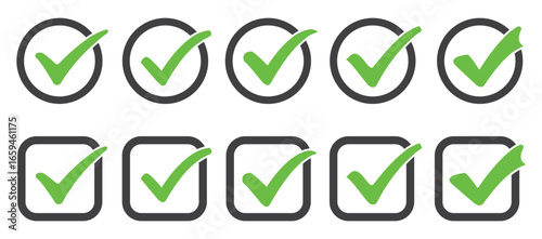 Collection of clean check mark designs in green and black, including tick boxes, approval icons, and success validation graphics for digital projects and branding.