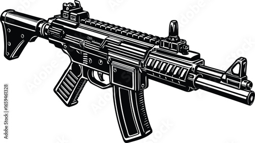 Modern Assault Rifle with Magazine Attached, Black and White Illustration