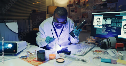 Konstfotografi Investigation, forensic analysis and brush knife with uv light, dust and fingerprint evidence