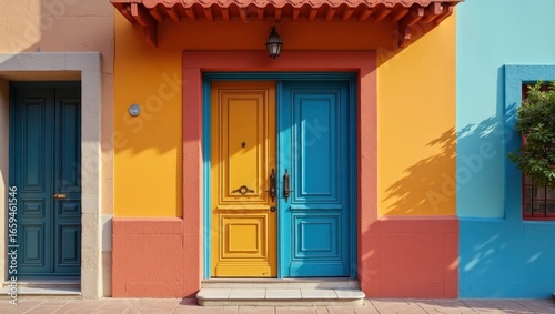 Vibrant facade with a teal and mustard-yellow door stands out against a backdrop of terracotta, orange, and turquoise hues.