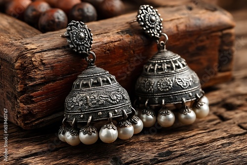 Traditional silver jhumka earrings with pearls high resolution photo