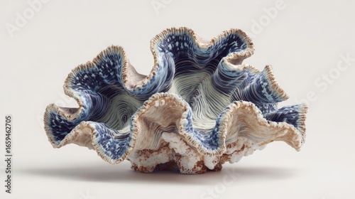 A ceramic sculpture resembling a blue and white ruffled clam shell or coral on a white background.