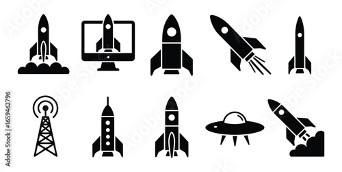Vector art of set of black and white rocket and space exploration icons, featuring various rocket designs, a satellite tower, and a ufo, representing technology and innovation