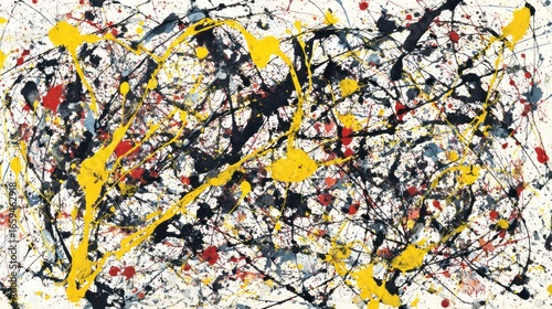 A vibrant abstract expressionist painting with black, yellow, and red paint splattered and dripped on a white background, showcasing chaotic lines and dynamic movement.