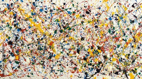 An abstract expressionist painting featuring a dense network of colorful paint splatters and drips on a light background, characteristic of action painting.