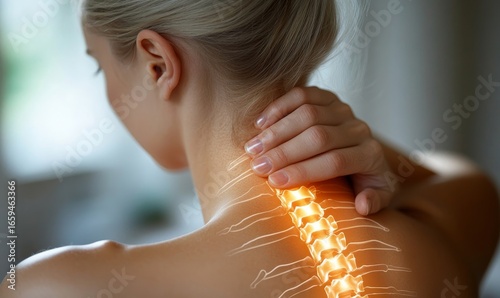 Individual experiencing neck pain while working on a laptop at home, highlighting the health risks of prolonged sitting and poor posture in office environments, Generative AI