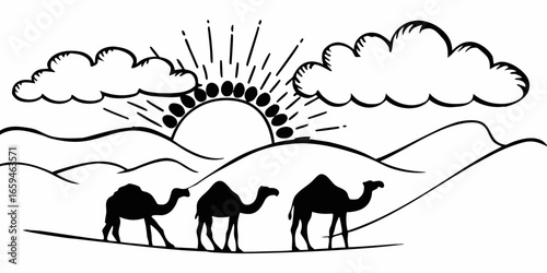 Silhouette of camels walking through the desert landscape under the sun and cloudy sky illustration on transparent background