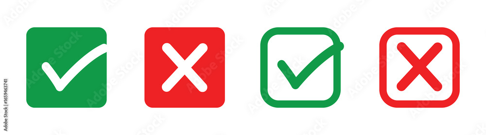 Obraz premium Editable vector illustration of green check marks and red cross symbols, featuring correct and incorrect decision icons for apps, websites, presentations, and documents.